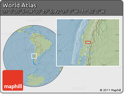 Savanna Style Location Map of the Area around 38° 45' 25" S, 72° 10' 30" W, hill shading