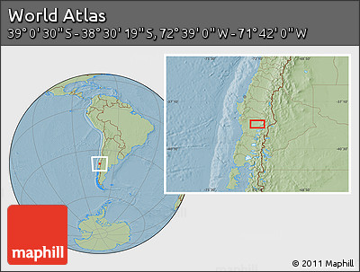 Savanna Style Location Map of the Area around 38° 45' 25" S, 72° 10' 30" W, hill shading