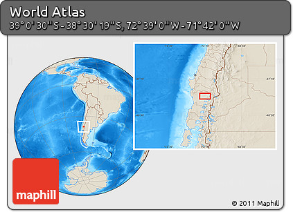 Shaded Relief Location Map of the Area around 38° 45' 25" S, 72° 10' 30" W