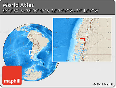 Shaded Relief Location Map of the Area around 38° 45' 25" S, 72° 10' 30" W