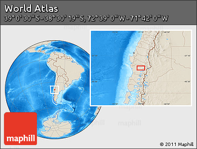 Shaded Relief Location Map of the Area around 38° 45' 25" S, 72° 10' 30" W