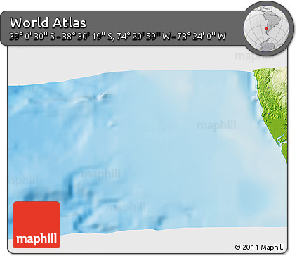 Physical 3D Map of the Area around 38° 45' 25" S, 73° 52' 30" W