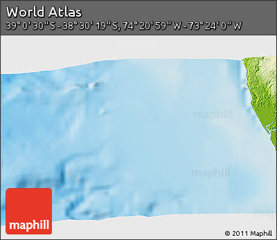 Physical 3D Map of the Area around 38° 45' 25" S, 73° 52' 30" W