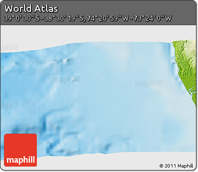 Physical 3D Map of the Area around 38° 45' 25" S, 73° 52' 30" W