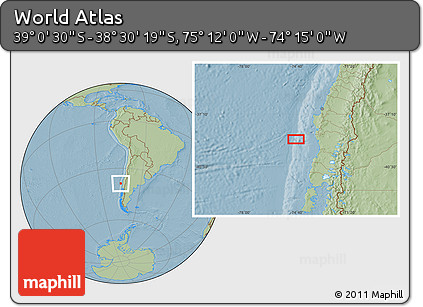 Savanna Style Location Map of the Area around 38°&nbsp;45'&nbsp;25"&nbsp;S,&nbsp;74°&nbsp;43'&nbsp;29"&nbsp;W, hill shading