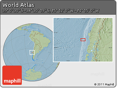 Savanna Style Location Map of the Area around 38°&nbsp;45'&nbsp;25"&nbsp;S,&nbsp;74°&nbsp;43'&nbsp;29"&nbsp;W, hill shading