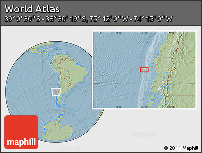 Savanna Style Location Map of the Area around 38°&nbsp;45'&nbsp;25"&nbsp;S,&nbsp;74°&nbsp;43'&nbsp;29"&nbsp;W, hill shading
