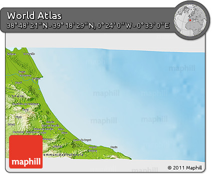 Physical 3D Map of the Area around 39° 3' 25" N, 0° 4' 30" E