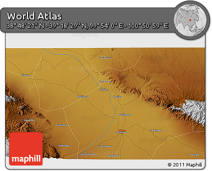 Physical 3D Map of the Area around 39° 3' 25" N, 100° 22' 30" E