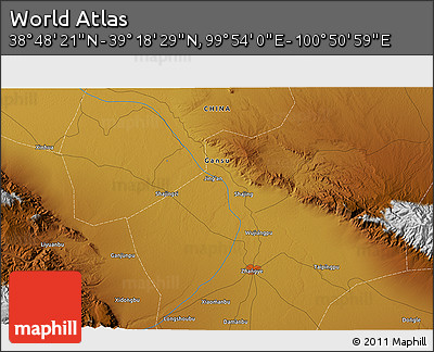 Physical 3D Map of the Area around 39° 3' 25" N, 100° 22' 30" E