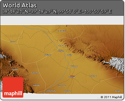 Physical 3D Map of the Area around 39° 3' 25" N, 100° 22' 30" E