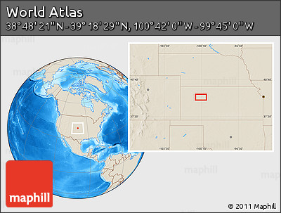 Shaded Relief Location Map of the Area around 39° 3' 25" N, 100° 13' 29" W