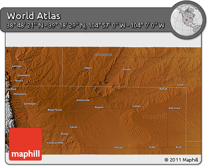Physical 3D Map of the Area around 39° 3' 25" N, 104° 28' 29" W