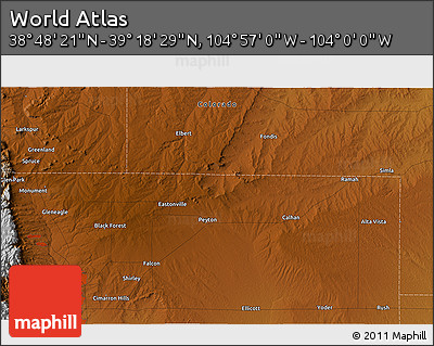 Physical 3D Map of the Area around 39° 3' 25" N, 104° 28' 29" W
