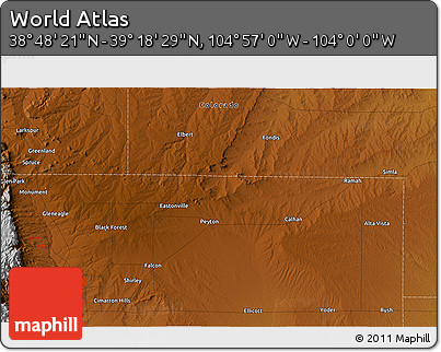 Physical 3D Map of the Area around 39° 3' 25" N, 104° 28' 29" W