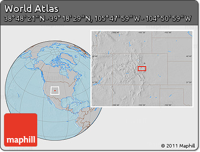 Gray Location Map of the Area around 39° 3' 25" N, 105° 19' 29" W, hill shading
