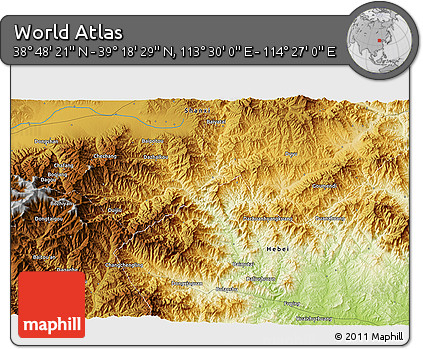 Physical 3D Map of the Area around 39° 3' 25" N, 113° 58' 29" E
