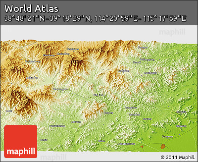 Physical 3D Map of the Area around 39° 3' 25" N, 114° 49' 29" E