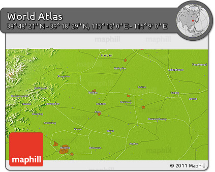 Physical 3D Map of the Area around 39° 3' 25" N, 115° 40' 30" E