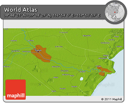 Physical 3D Map of the Area around 39° 3' 25" N, 117° 22' 30" E