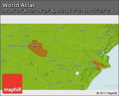 Physical 3D Map of the Area around 39° 3' 25" N, 117° 22' 30" E