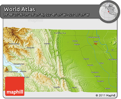 Physical 3D Map of the Area around 39° 3' 25" N, 122° 19' 29" W
