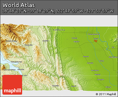 Physical 3D Map of the Area around 39° 3' 25" N, 122° 19' 29" W
