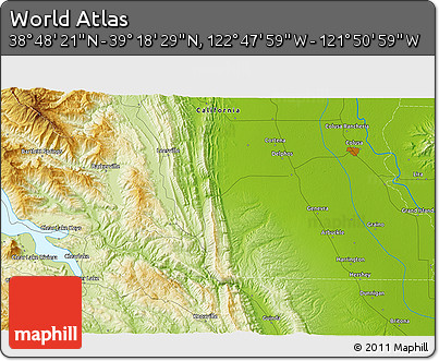 Physical 3D Map of the Area around 39° 3' 25" N, 122° 19' 29" W