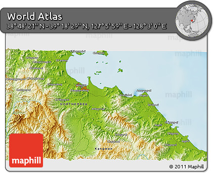 Physical 3D Map of the Area around 39° 3' 25" N, 127° 34' 30" E