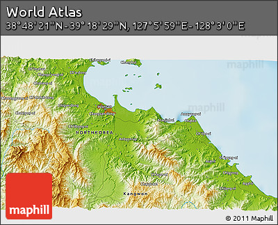 Physical 3D Map of the Area around 39° 3' 25" N, 127° 34' 30" E