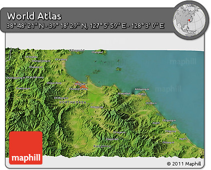 Satellite 3D Map of the Area around 39° 3' 25" N, 127° 34' 30" E