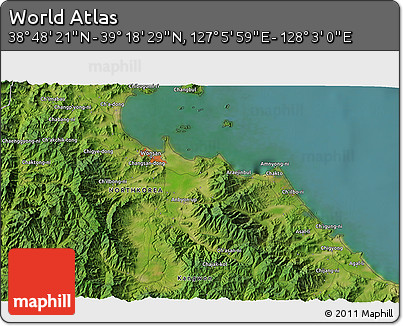 Satellite 3D Map of the Area around 39° 3' 25" N, 127° 34' 30" E