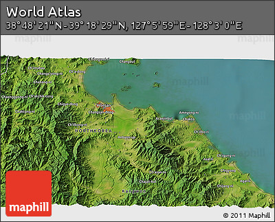 Satellite 3D Map of the Area around 39° 3' 25" N, 127° 34' 30" E