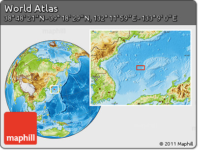 Physical Location Map of the Area around 39° 3' 25" N, 132° 40' 30" E