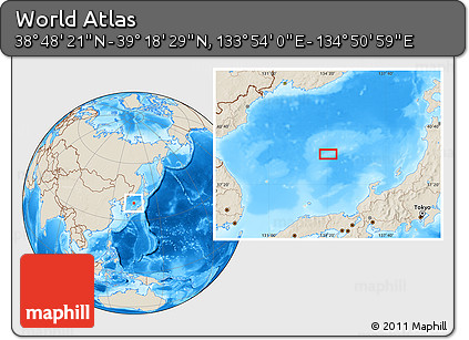Shaded Relief Location Map of the Area around 39° 3' 25" N, 134° 22' 30" E