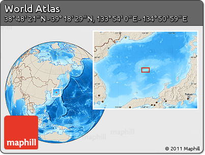 Shaded Relief Location Map of the Area around 39° 3' 25" N, 134° 22' 30" E