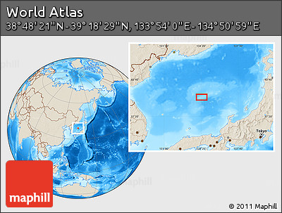 Shaded Relief Location Map of the Area around 39° 3' 25" N, 134° 22' 30" E