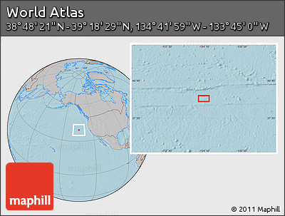 Gray Location Map of the Area around 39° 3' 25" N, 134° 13' 29" W, hill shading