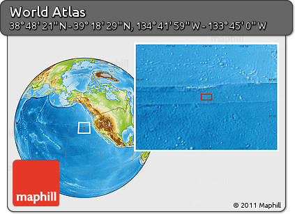 Physical Location Map of the Area around 39° 3' 25" N, 134° 13' 29" W