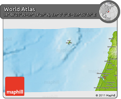 Physical 3D Map of the Area around 39° 3' 25" N, 139° 28' 29" E