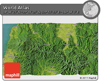 Satellite 3D Map of the Area around 39° 3' 25" N, 140° 19' 29" E