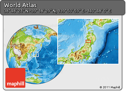 Physical Location Map of the Area around 39° 3' 25" N, 140° 19' 29" E
