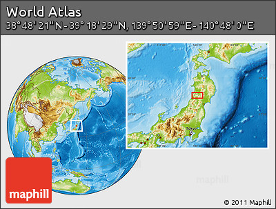 Physical Location Map of the Area around 39° 3' 25" N, 140° 19' 29" E