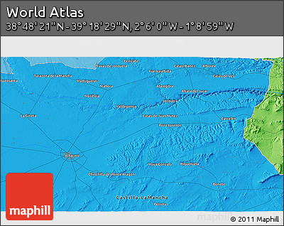 Political 3D Map of the Area around 39° 3' 25" N, 1° 37' 30" W
