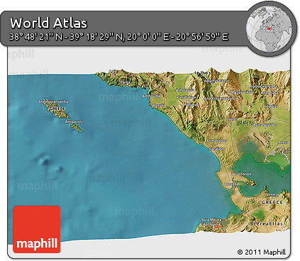 Satellite 3D Map of the Area around 39° 3' 25" N, 20° 28' 30" E