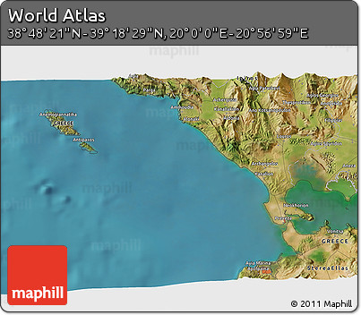 Satellite 3D Map of the Area around 39° 3' 25" N, 20° 28' 30" E