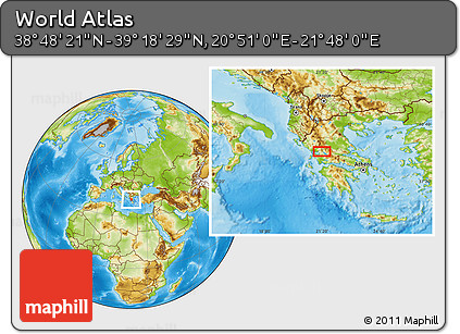 Physical Location Map of the Area around 39° 3' 25" N, 21° 19' 30" E