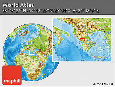 Physical Location Map of the Area around 39° 3' 25" N, 21° 19' 30" E