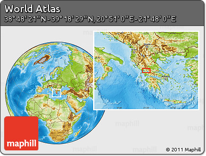 Physical Location Map of the Area around 39° 3' 25" N, 21° 19' 30" E