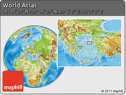 Physical Location Map of the Area around 39° 3' 25" N, 25° 34' 30" E
